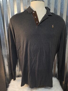 Ralph Lauren Long-Sleeve Polo Shirt - Charcoal with Brown Trim